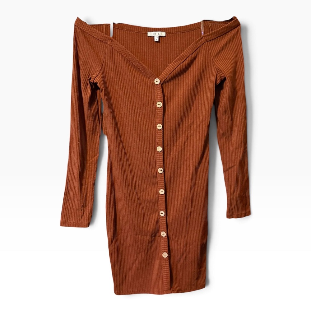 Iris Off The Shoulder Dress Size M Rust Brown Ribbed Button Front Mini Boho